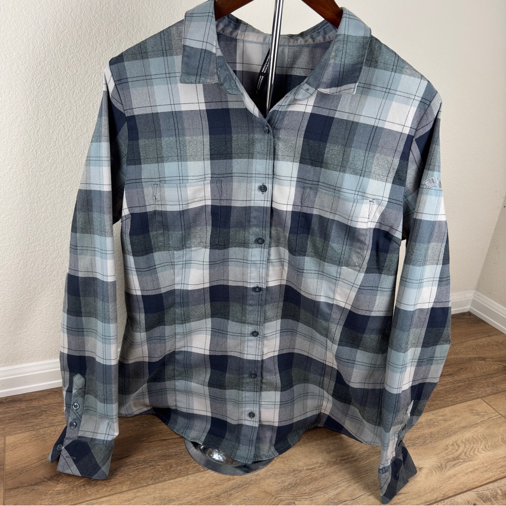 Kuhl Women’s Plaid Flannel Shirt, Blue & Gray, Size Large Vail Ski Embroidered